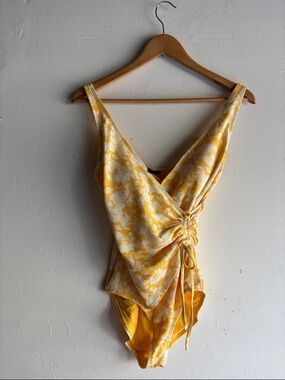 Yellow Ruched V-Neck One-Piece Swimsuit